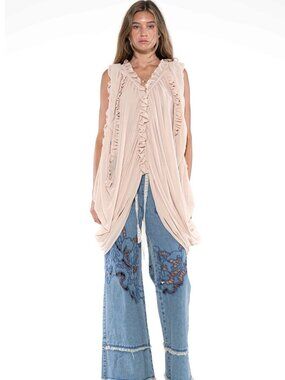 Rehab Lab Draped Flowy Blouse Beige Ruffle Boho Top Chiffon Cold Shoulder S M L